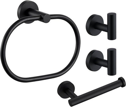 Bathroom Hardware Set 4-Piece Matte Black, Angle Simple Stainless Steel Bathroom Accessories with Towel Hook x 2, Toilet Paper Holder and Rotary Towel Ring, Wall Mount
