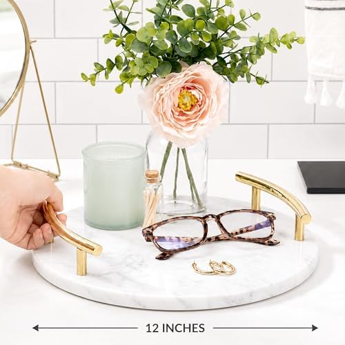 White Marble Tray with Gold Handles - Decorative Round Marble Vanity Tray