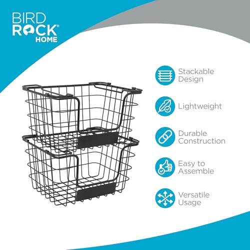 BIRDROCK HOME Stacking Wire Market Baskets with Chalk Label | Set of 2 | Fruit Vegetable Produce Metal Storage Bin for K