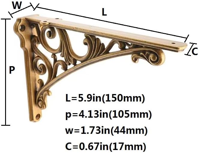 Decorative Shelf Bracket 8 inch, Antique Brass Shelf Brackets for Shelving, Heavy Duty Vintage, DIY Projects, Hardware I