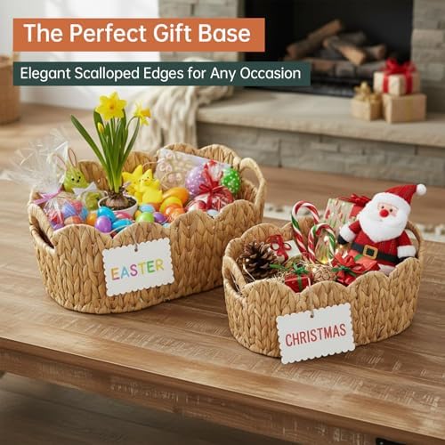 Coeusy Scalloped Basket Set of 2,Water Hyacinth Basket for Organizing and Decor,Hand-Woven Wicker Storage Baskets with B