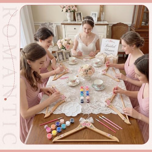 Fumete 41 Pcs DIY Bride Bridesmaid Hanger for Wedding Dress Wooden Bridal Hangers with Acrylic Paint Strips, Palettes, Painting Brushes for Wedding Bridal Shower Party Craft Keepsake Favor Gift