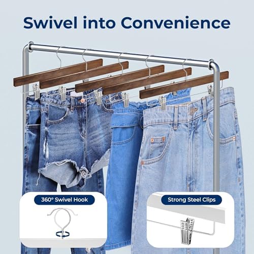 SereneLife 10 Pack Retro Wooden Pants Hangers with 360 Degree Swivel Hook