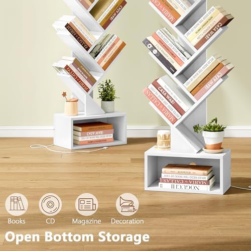 Hoctieon 6 Tier Tree Bookshelf with LED Lights, Small Bookcase, Freestanding Book Shelf, Display Floor Standing Storage 