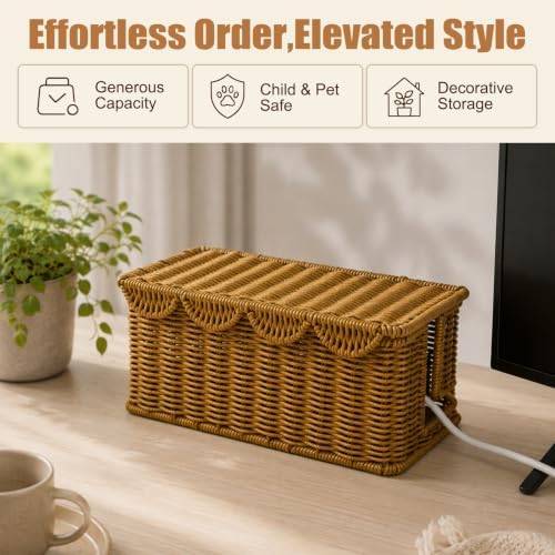 Handmade Rattan Cable Management Box, L Dual Slot Cord Hider Organizer Box