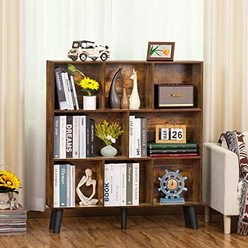 LEYAOYAO 8 Cube Bookshelf, Mid-Century Modern Book Shelf with Legs, Brown