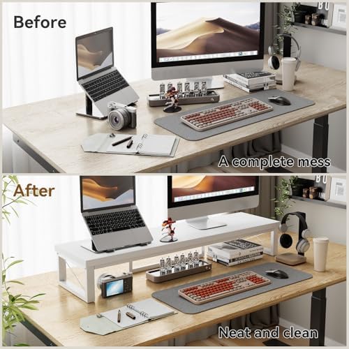 IBUYKE Large Dual Monitor Stand Riser for 2 Monitors, Wooden Desktop Computer Monitor Stand Storage Shelf and Steel Legs