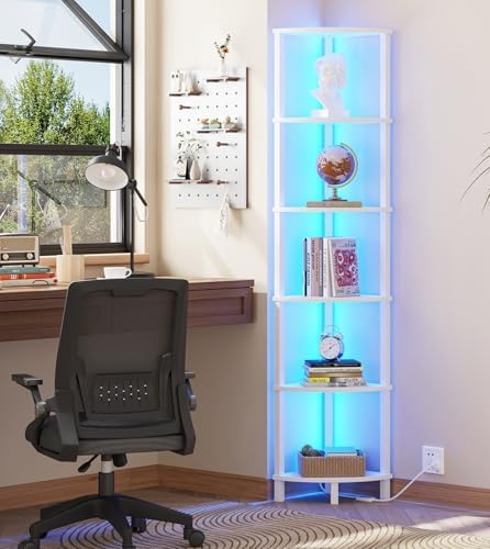 VIMBER Corners Shelf with LED Light, 6-Tier Corner Bookshelf, Industrial Corner-Ladder Shelf, Modern Display Shelf for L