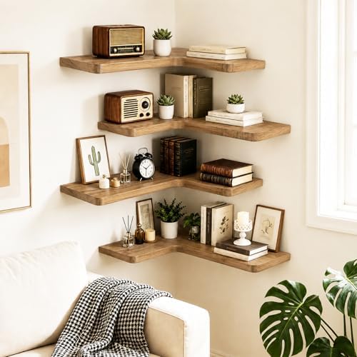 Solid Wood Corner Floating Shelves, L-Shaped, Oak, Set of 4