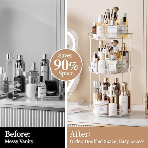 Delamu 3 Tier Rotating Makeup Organizer for Vanity, Bathroom Counter Organizer with Stackable Design, Spinning Skincare 