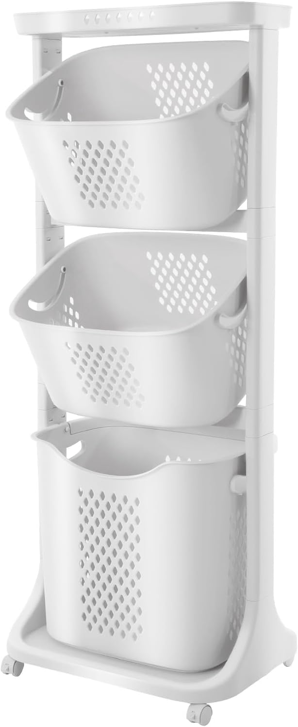 3 Tier Laundry Hamper Basket Sorter Clothes Storage Organizer Shelf Rolling Cart