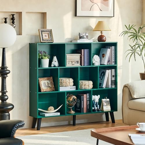 LEYAOYAO 10 Cube Bookshelf,Mid-Century Modern Bookcase with Legs,Dark Green