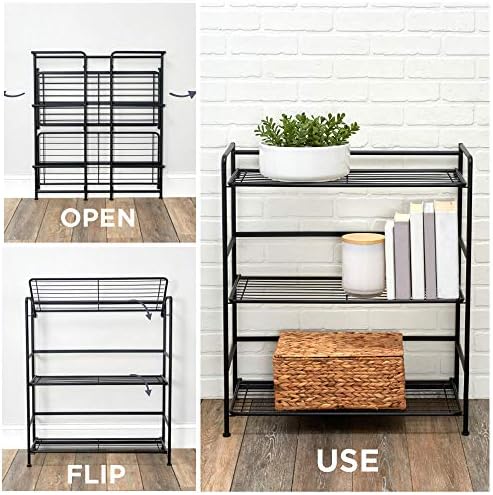 Folding Metal Bookcase, 3 Shelves, Wide, Black