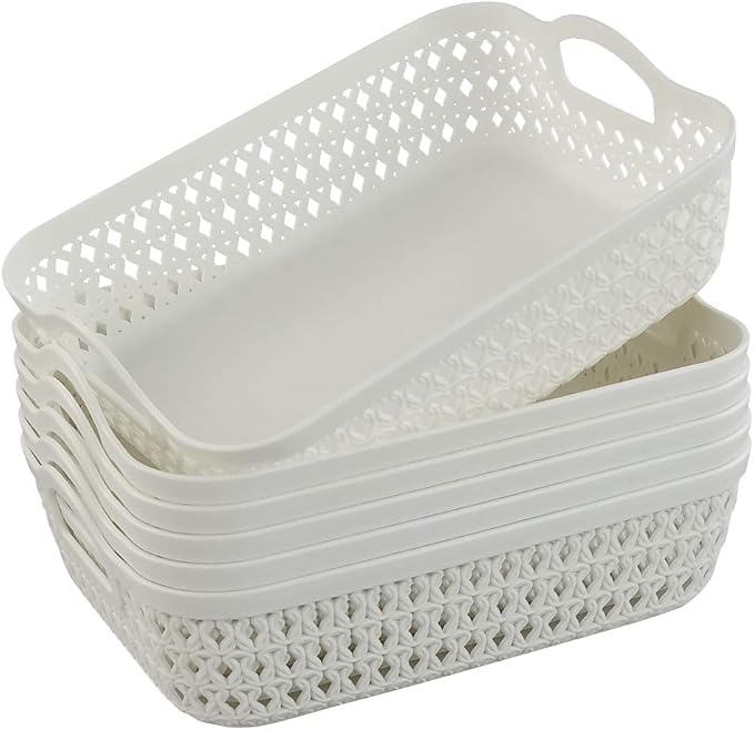 White Small Shallow Plastic Storage Tray with Handle, 6-Pack | Carry Handles, Durable Plastic Construction, Shallow Storage Tray, Multi-Purpose Basket, for Home Kitchen Bathroom