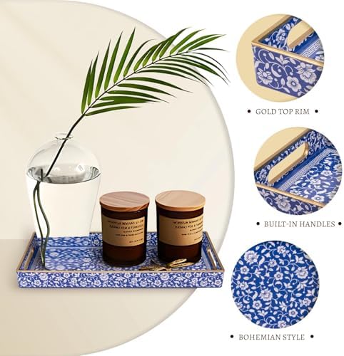 MAONAME Blue Bathroom Vanity Tray, Plastic Decorative Trays with Handles
