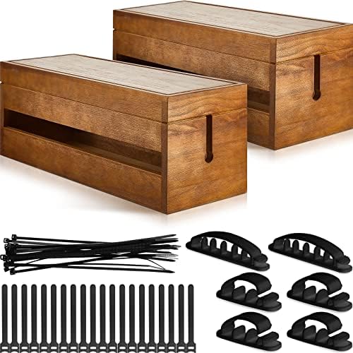 Hoteam 48 Pcs Wooden Cable Management Box Cable Organizer Box Set Power Strip Holder Cord Hider Clip Adhesive Management