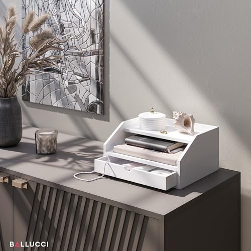 Ballucci Desk Organizer with Drawer, 2 Tier Paper Office Supplies Desk Organizer, 13 2/5" x 9 3/5" x 6", White