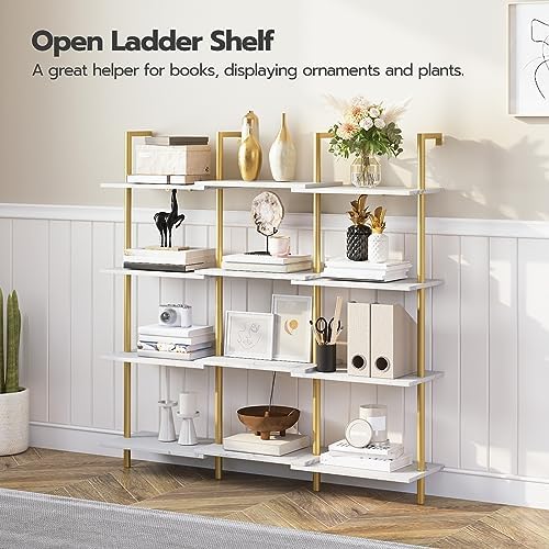 HOOBRO DIY Ladder Shelf, 6-Tier Wooden Wall Mounted Bookshelf, Narrow Gold Bookcase, Display Shelf, Storage Rack, Plant 