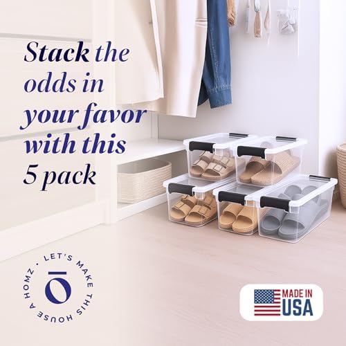 HOMZ Clear Plastic Storage Bins w/Latching Lid, 7.5 Qt, Gray Latch, 5 Pack