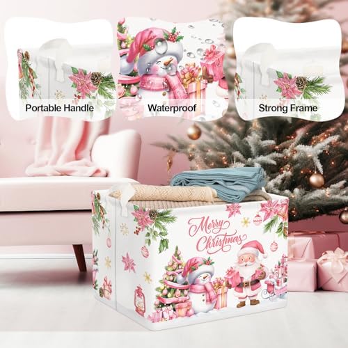 Clastyle Pink Santa Claus Snowman Christmas Gift Basket Merry Christmas Poinsettia Tree Nursery Bin Sleigh Snowflake Xmas Balls Ornament Storage Kid Clothes Toy Book Shelf Basket