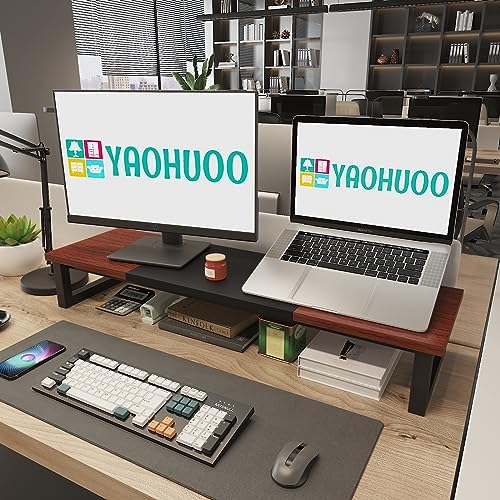 YAOHUOO Dual Monitor Stand Riser, 39Inch Large Monitor Stands for 2 Monitors, Computer Monitor Stand, Wooden Desktop Ora