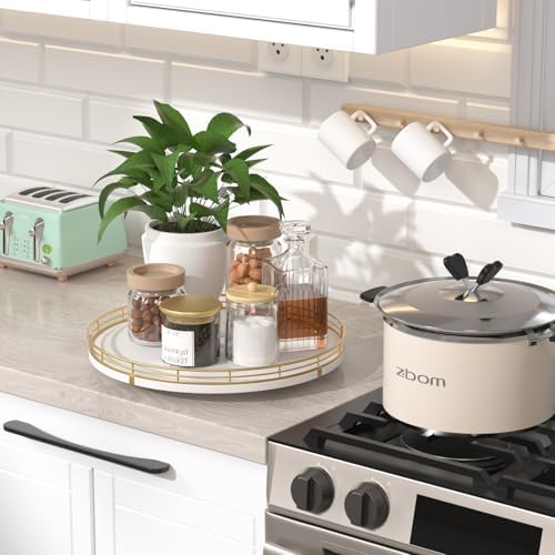 Oroyutor 12-Inch White Wooden Lazy Susan Spice Organizer with Gold Rail