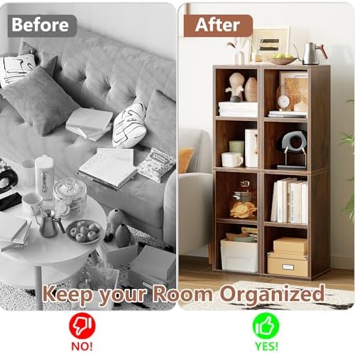 ALISENED 4 Cube Small Bookshelf, Narrow Storage Organizer Shelf, Wooden Corner Bookcase, Modern Thin Cubes Storage Organ