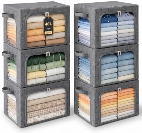 GoMaihe Clothes Storage Bins with Metal Frame for Sweaters, 40L 6-Pack Grey