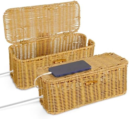 2 Pcs Handwoven Rattan Cable Management Box,Cord Organizer Box with Lid,Open-Slot Cord Hiding Basket,Decorative Storage 