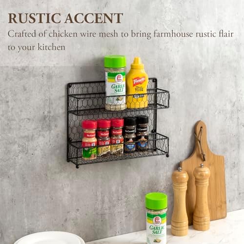 MyGift Spice Rack Wall Mount, Counter 2 Tier Spice Rack, over the Stove Seasoning Jar Storage Organizer, Black Metal Wir