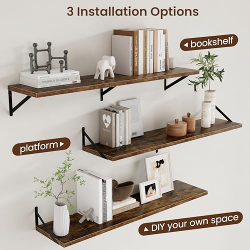 Axeman 12 Inch Deep Floating Shelves for Wall - 48 Inch Wide x 12 Inch Deep Wall Shelves Set of 2 - Rustic Wood Floating