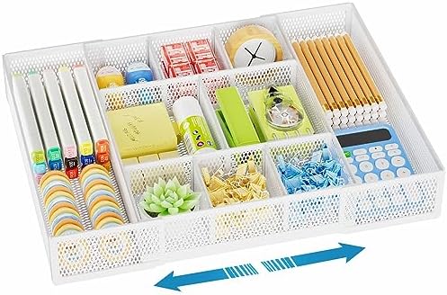Marbrasse Expandable Desk Drawer Organizer, Mesh Drawer Organizer Tray with 10 Adjustable Compartments, Desk Organizers and Accessories, 5 Dividers Drawer for Office Supplies, Makeup & Vanity (White)