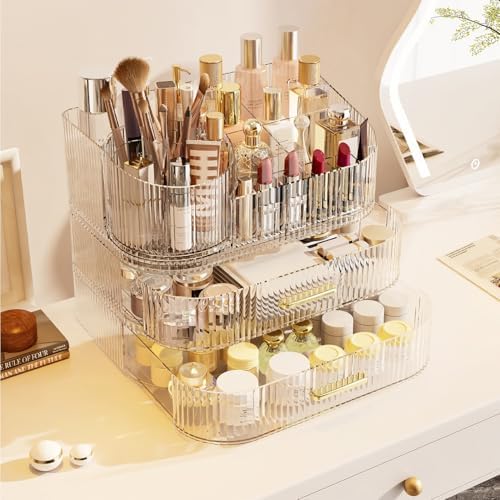 Large Makeup Organizer with Drawers, 360° Rotating Brush Holder