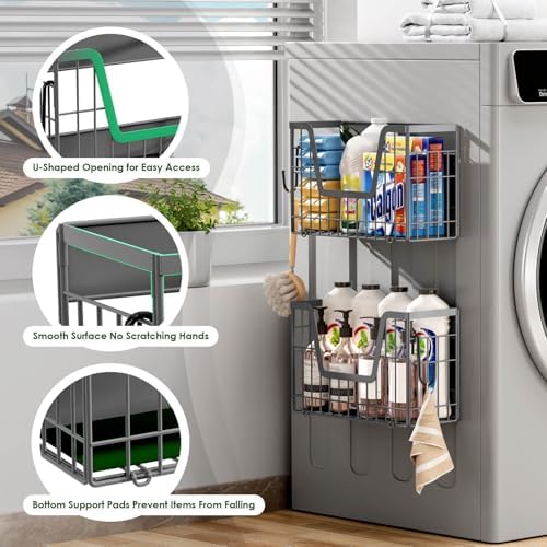 4 Pack Magnetic Shelves for Fridge, Grey Fruit Baskets with 8 Hooks