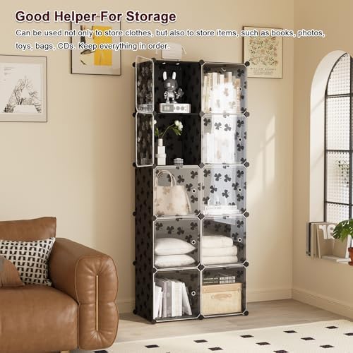 C&AHOME Clover Embossed Storage Organizer with Doors 10-Cube Shelf Black