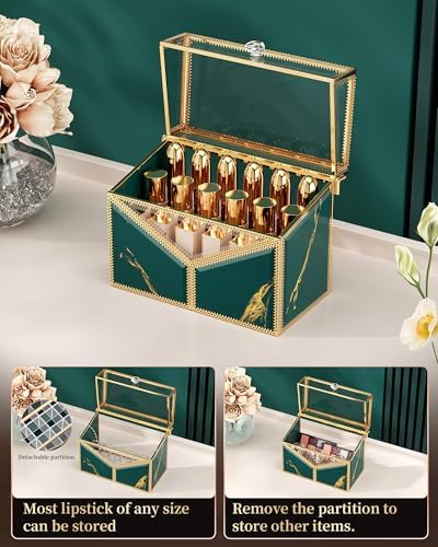 CoralHouse Glass Lipstick Organizer with Lid, 18-Slot Vanity Holder, Green