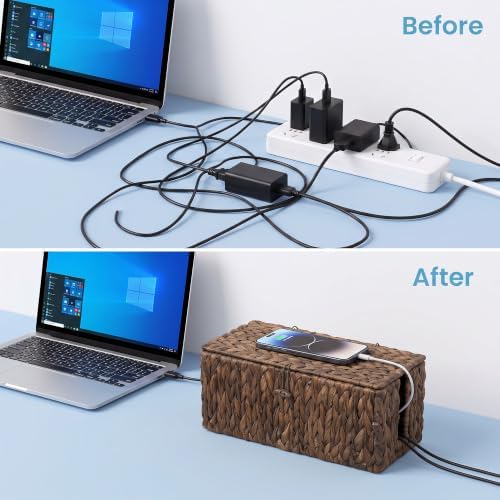 efluky 2 Pack Water Hyacinth Floor Cord Covers with Lid, Hand-Woven Cable Management Box, 2 Open Slots Cord Box to to Hi