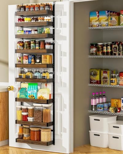 Moforoco Wood 9-Tier Over The Door Pantry Organizer, Wooden Pantry Organization and Storage, Black Hanging Basket Wall S
