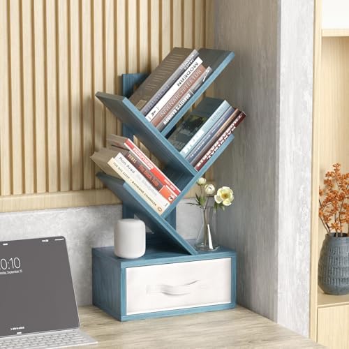 SHEEPAM 4-Tier Tree Bookshelf Small Bookcase with Drawer