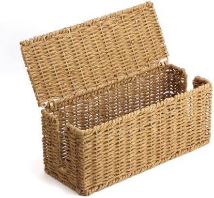 Handwoven Natural Raffia Cable Management Box with Lid – Decorative Cord Organizer for Power Strips, Surge Protectors & 