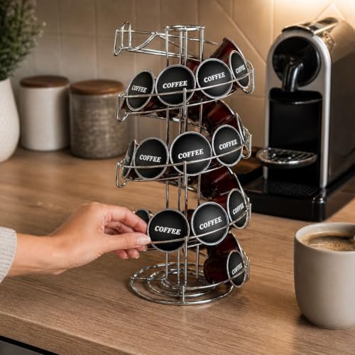 Restaurantware Coffee Pod Holder 7 x 7 x 16.14 Inches 35-50 K-Cup Stainless Steel Coffee Capsule Organizer Steel Storage