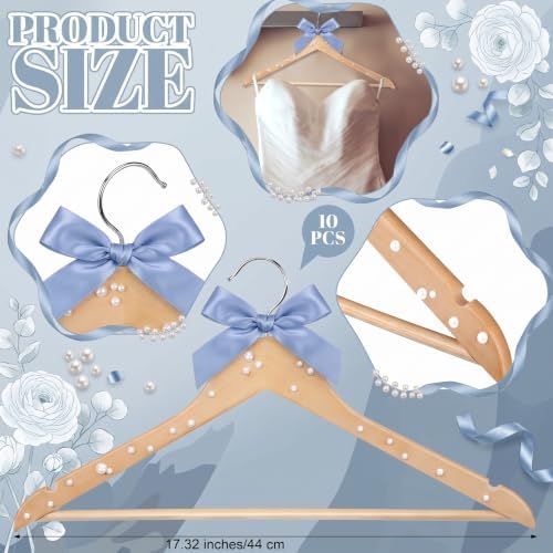 Wonderjune Bule 10 Pcs Bride Hanger for Wedding Bride Groom Bridesmaid Ribbon Bow Pearl Hanger Wood Color Elegant Wooden Dress for Bridal Shower Tuxedo Photo Keepsake Party Gift (Pearl Bow)