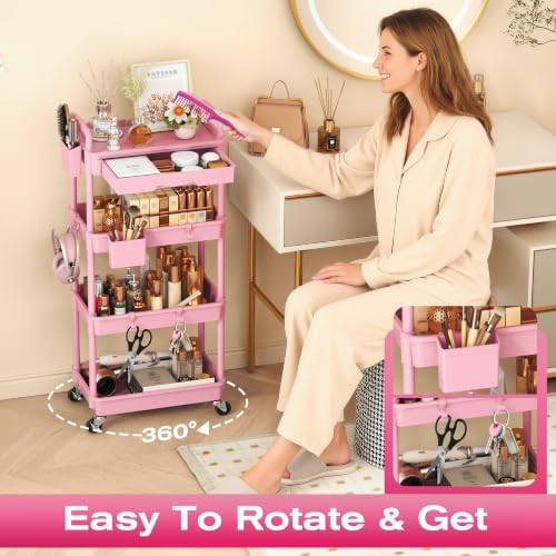 Goovilla Rolling Makeup Organizer Cart with Removable Drawer, 4 Tier Pink