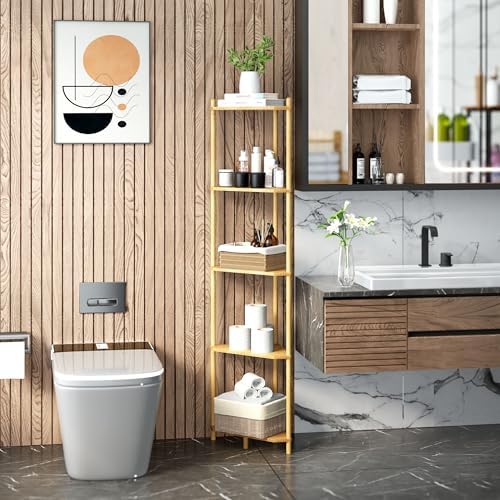 Corner Shelf Stand - 5 Tier Bamboo Small Corner Bookshelf for Office Kitchen Bedroom Plant Stand Living Room Decor Small