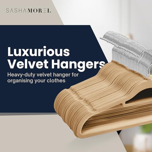 50 Pack Velvet Hangers | Non-Slip Velvet Clothes Hangers with Tie Organisers | Space Saving & 360° Swivel Hooks Wardrobe Storage Organiser, Taupe