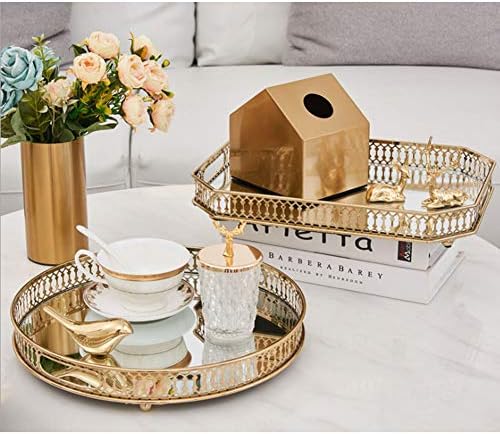 Vintage Gold Mirror Tray,Round Shape(12.6in) Ornate Geometric Brass Plated and Glass Display Storage Organizer,Jewelry P