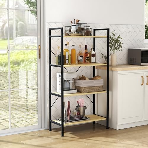 4 Tier Industrial Bookshelf, Storage Organizer,Natural Oak