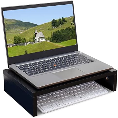 TEAMIX Black Monitor Stand Riser, Wood Desk Organizer for Laptop & Computer