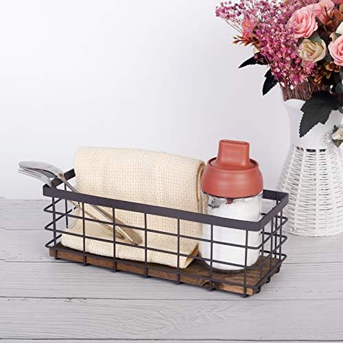 TIEYIPIN Small Metal Wire Storage Basket, Detachable Wood Base Storage Organizer Bin Basket for Kitchen Cabinets, Bathro
