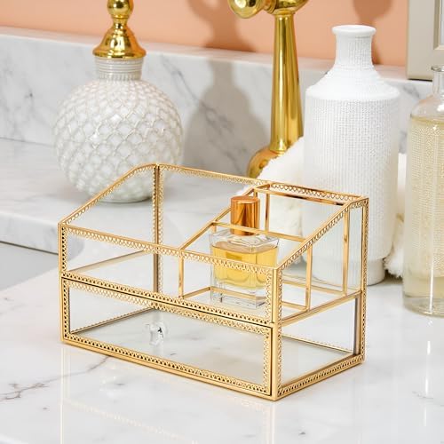 Vintage Gold Makeup Organizer - Glass Makeup Organizer Countertop Organizer for Make-Up Brushes Vanity, Tabletop Organiz